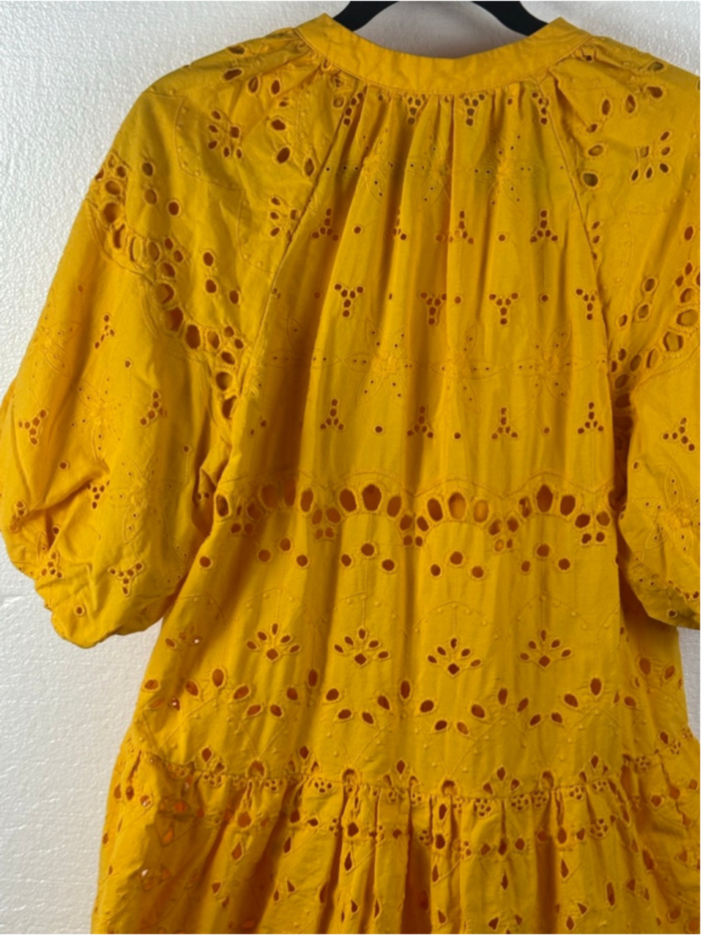 Anthropologie Tallulah Yellow Eyelet Tiered Short puff sleeves Mini Dress sz L - Picture 11 of 11